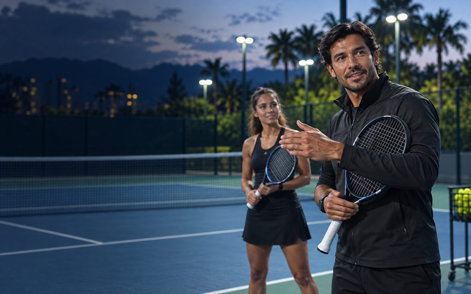 Entrenador guiando a una jugadora en una academia de tenis
